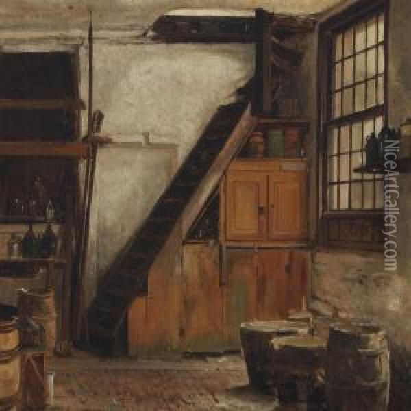 Cellar Interior With A Window, Staircase And Barrels Oil Painting - Jan David Col