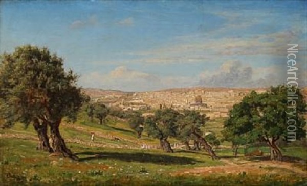Jerusalem Set Fra Oliebjerget Oil Painting - August Heinrich Georg Schiott