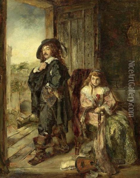 Cavallier Mit Dame. 1869. Oil Painting - Stephen Lewin