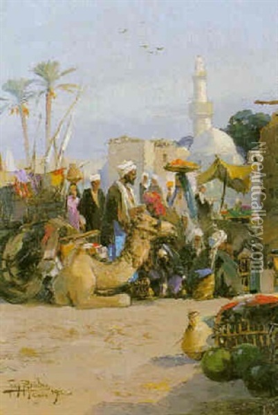 Figures With A Camel In A North African Market Oil Painting - Tony Binder