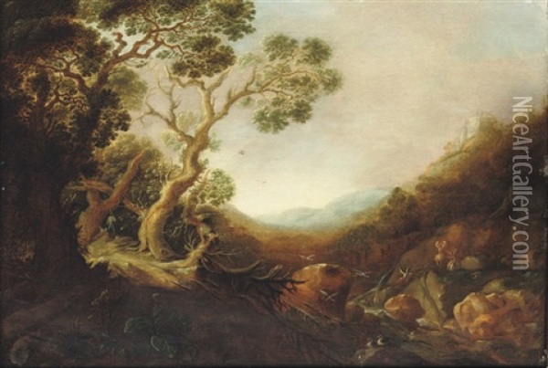 A Wooded Rocky Landscape With Birds And Deer By A Stream Oil Painting - Gysbert Gillisz de Hondecoeter