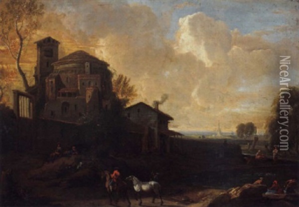An Italianate Landscape With Bathers Before A Village And Horsemen On A Track Oil Painting - Anton Faistenberger