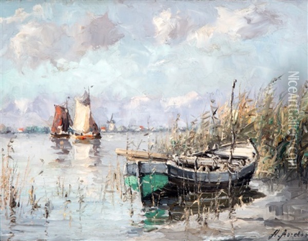 Sloop And Sailingboats On A Dutch Lake Oil Painting - Henri Arden