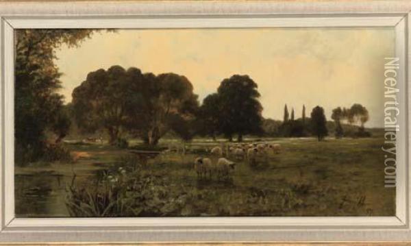 A Flock Of Sheep Beside A River Oil Painting - Sidney Pike