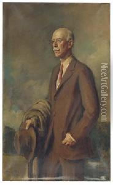 Portrait Of The Third Viscount Hampden In A Brown Jacket Oil Painting - Oswald Hornby J. Birley