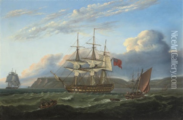 H.m.s. "bellerophon" Making Sail Out Of Torbay With The Defeated Emperor Napoleon Aboard, 26th July 1815 Oil Painting - Thomas Luny