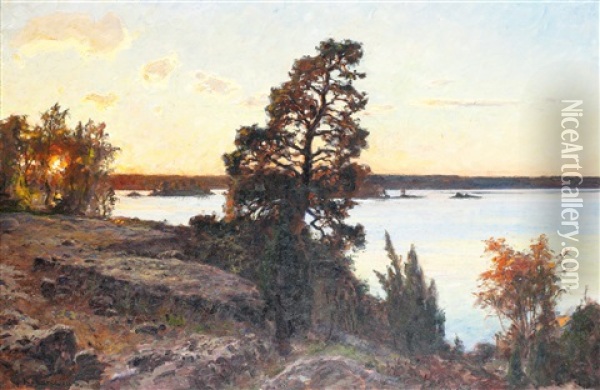 Skargardslandskap I Solnedgang Oil Painting - Gottfried Kallstenius