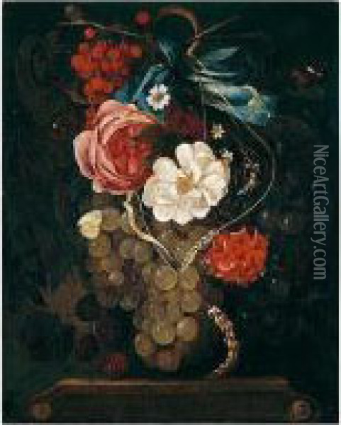 Still Life Of Grapes, Blackberries, Redcurrants, Cornstalks And Roses Suspended On A Blue Ribbon Above An Entablature Oil Painting - Maria van Oosterwyck