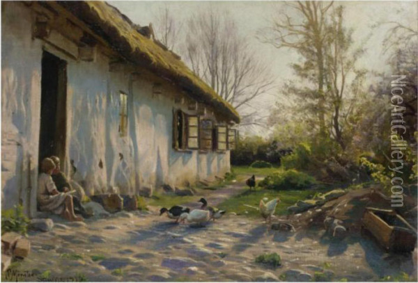 Children Feeding Ducks At Sunrise Oil Painting - Peder Mork Monsted