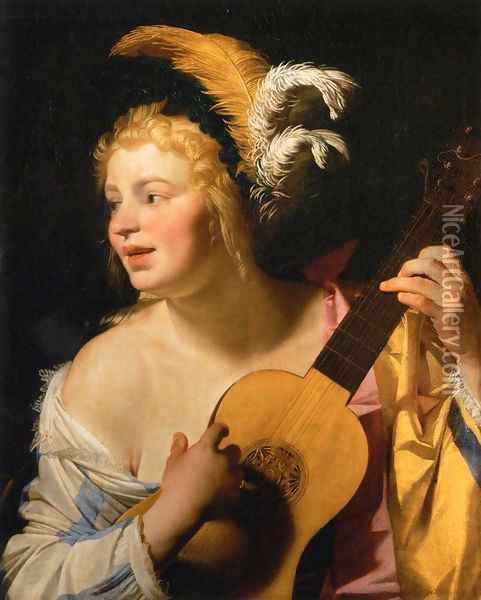 Woman Playing the Guitar Oil Painting - Gerrit Van Honthorst