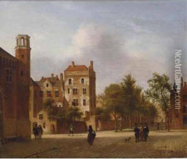 An Imaginary View Of A Town With Elegant Figures Strolling And Conversing On A Square Oil Painting - Jan Van Der Heyden