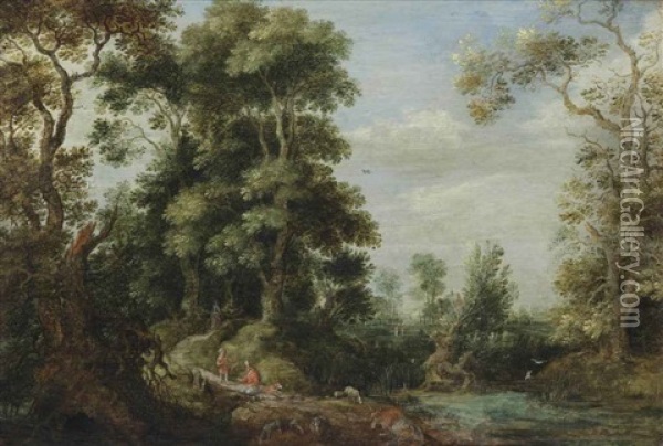 A Wooded Landscape With Travellers And A Herdsman With His Flock, A Village Beyond Oil Painting - Gillis Claesz De Hondecoeter