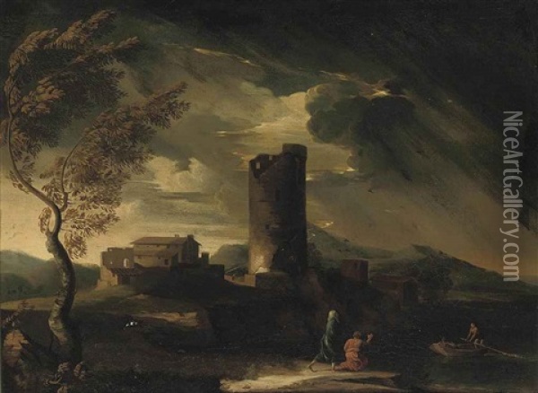 A Storm Gathering With Figures On The Bank Of A River Beside Classical Ruins Oil Painting - Pieter Mulier the Younger