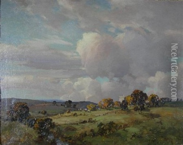 Landscape With A Castle And Cattle Grazing Oil Painting - Tom Campbell