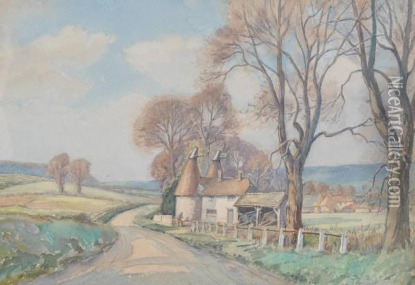 Oast Houses Inextensive Landscape Oil Painting - Henry Samuel Merritt