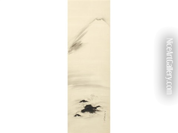 Mount Fuji Looming In The Distance Above A Flock Of Plovers In Flight Over Waves Lapping Against Rocks Oil Painting - Shibata Zeshin