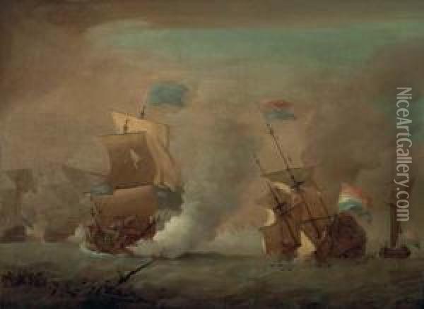 A Naval Battle Between An English Frigate And A Dutch Warship Oil Painting - Esaias Van De Velde