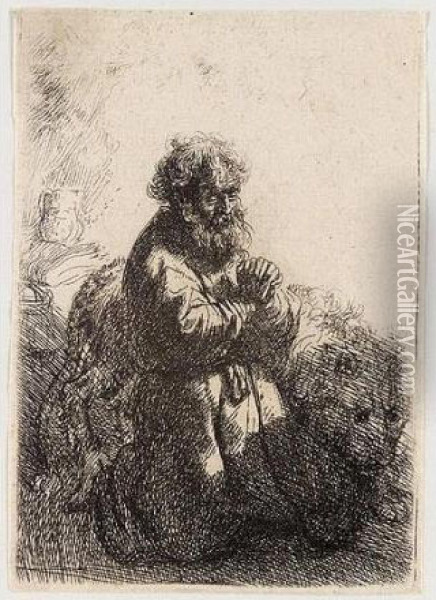 St Jerome Kneeling In Prayer, Looking Down (b., Holl.102; H.140; Bb.35-h) Oil Painting - Rembrandt Van Rijn
