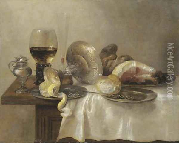 An upturned silver tazza and a partially peeled lemon on a pewter platter Oil Painting - Willem Claesz. Heda