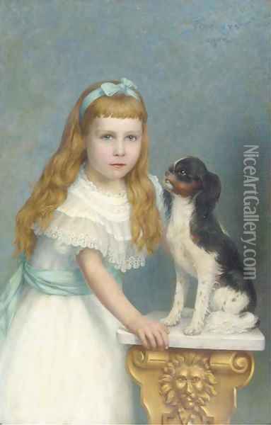 A girl with her Prince Charles Spaniel Oil Painting - German School