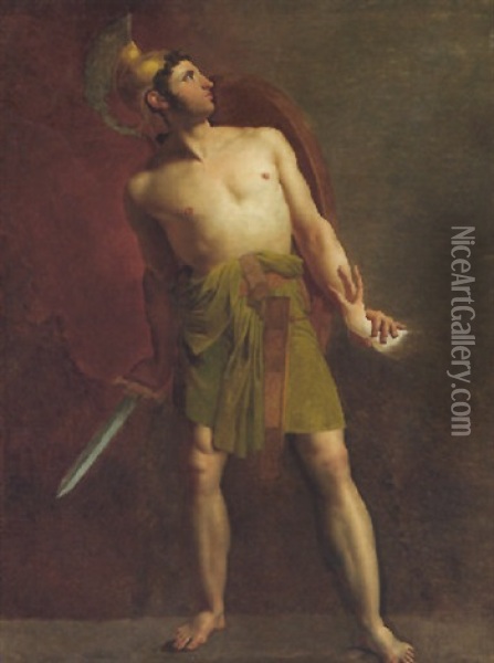 A Man Dressed As A Greek Warrior Oil Painting - Jean Jacques Francois Le Barbier