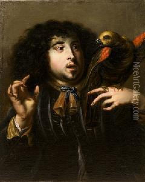 A Young Man With A Green Parrot On His Shoulder Oil Painting - Jan Cossiers