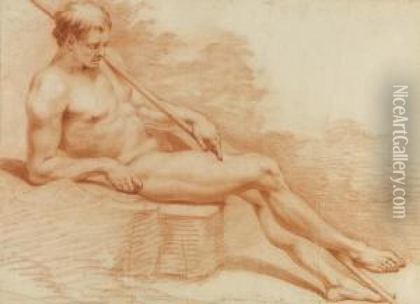 Male Nude Seated With A Staff Oil Painting - George M. Moser