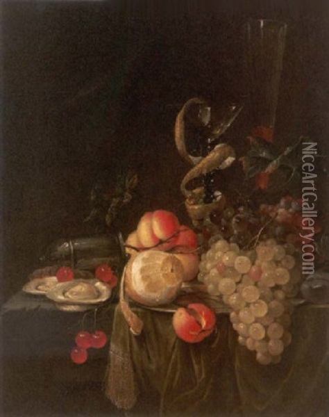 Stilleben. Austern, Trauben, Eine Angeschalte Zitrone Und Ein Aprikosenzweig Sowie Ein Venezianerglas Oil Painting - Cornelis De Heem