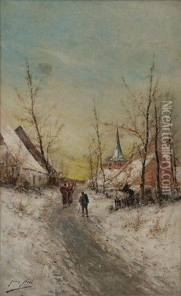 Winters Dorpsgezicht Met Personagesbij Kerk Oil Painting - Jean Hill
