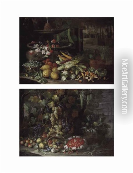Flowers, Fruit, And Vegetables, With Morels And Other Mushrooms Beside A Fountain In A Villa Garden (+ Grapes And Other Fruit And Vegetables...; Pair) Oil Painting - Francesco Della Questa