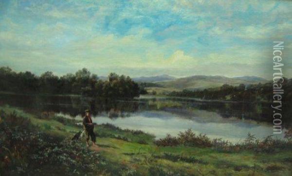 Boy And Dog In A Scottish Landscape Oil Painting - Hugh Allan