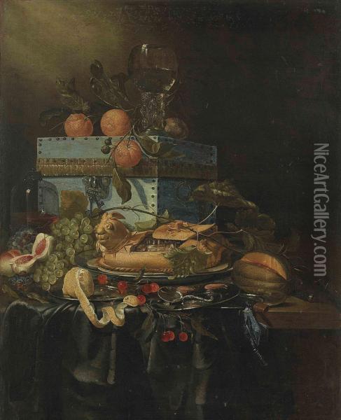Grapes, Peaches, Cherries And Other Fruit, With A Chest And A
Goblet, On A Oil Painting - Pieter de Ring