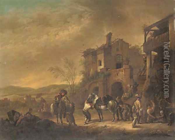 Cavalrymen at rest by a farrier; and Cavalrymen setting out from a barn Oil Painting - Philips Wouwerman