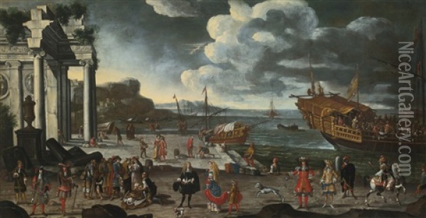 View Of An Imaginary Port With Ruins, A Galley At Anchor, Fishermen And Members Of Nobility Oil Painting - Joseph Heintz the Younger