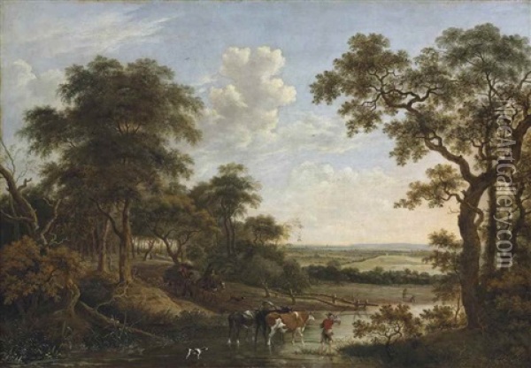 A Wooded Landscape With A Herdsman Watering Cattle And Travellers On A Track Beyond Oil Painting - Anthonie Waterloo