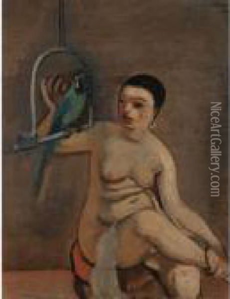 Woman With Parrot Oil Painting - Georges Kars