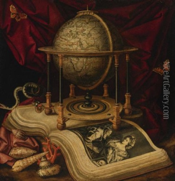 Vanitas Still Life With A Terrestrial Globe, A Book, Shells, A Snake And Butterflies Oil Painting - Christiaan Luycks