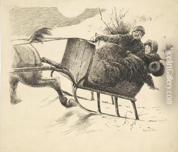 Sleigh Ride. Signed Lower Right Kemble. Oil Painting - Edward Windsor Kemble