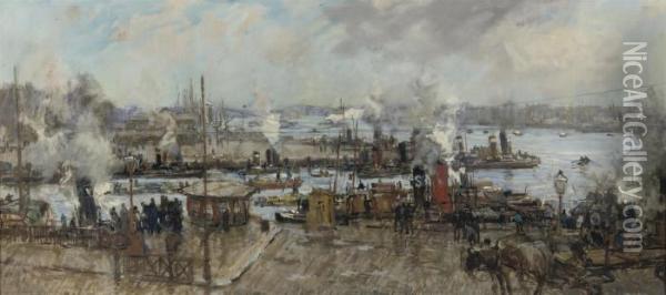 La Meuse Devant Rotterdam: A Busy Day At The Leuvehaven,rotterdam Oil Painting - Johann Hendrik Van Mastenbroek