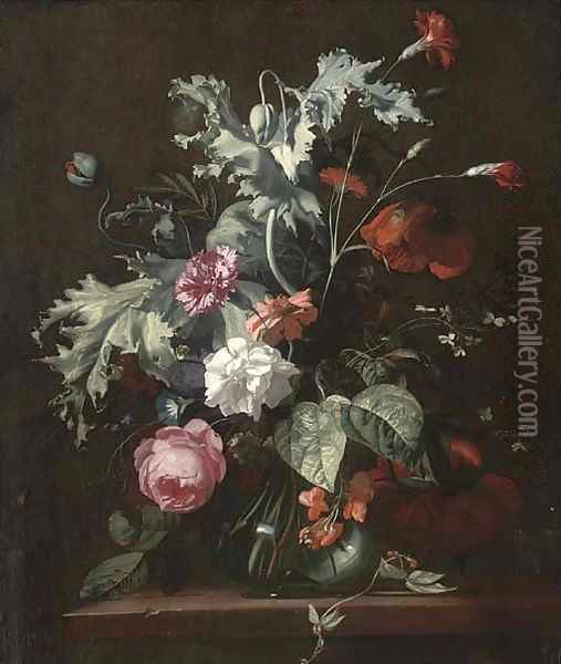 Roses, morning glory and other flowers in a glass vase on a wooded ledge Oil Painting - Simon Pietersz. Verelst