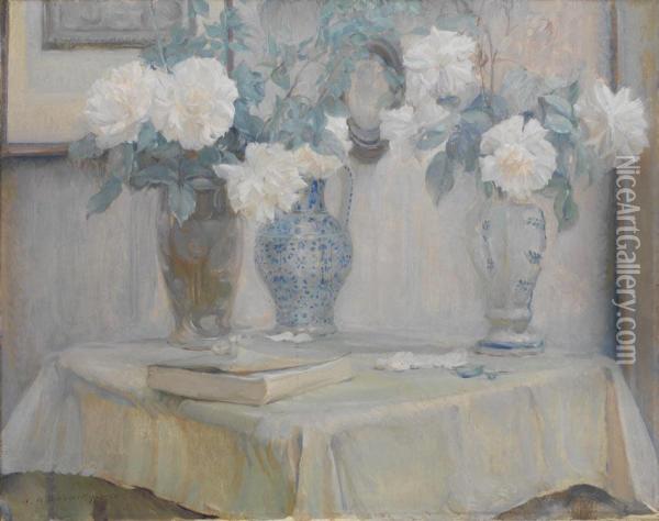 Bouquets De Roses Sur Une Table Oil Painting - Adrien Karbowsky