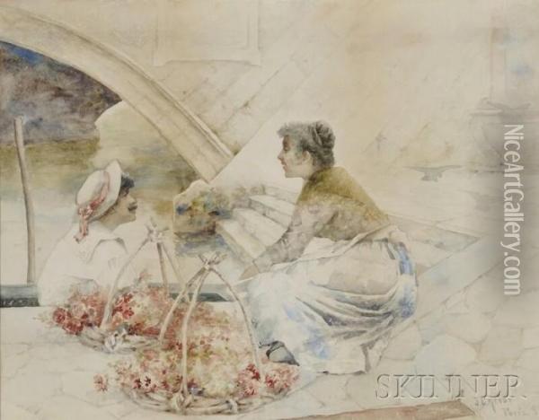 The Flower Vendor And Gondolier Oil Painting - John (Charles) Arter