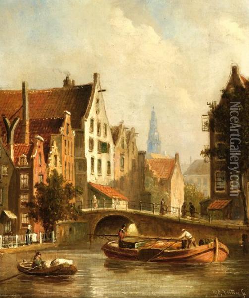 City Scene With Boats In The Foreground Oil Painting - Pieter Gerard Vertin