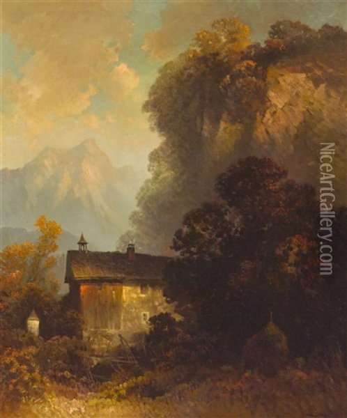 Herbstliche Gebirgslandschaft Mit Bauerngehoft Oil Painting - Oskar Mulley