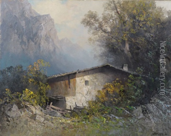 Entlegener Gebirgshof Oil Painting - Oskar Mulley