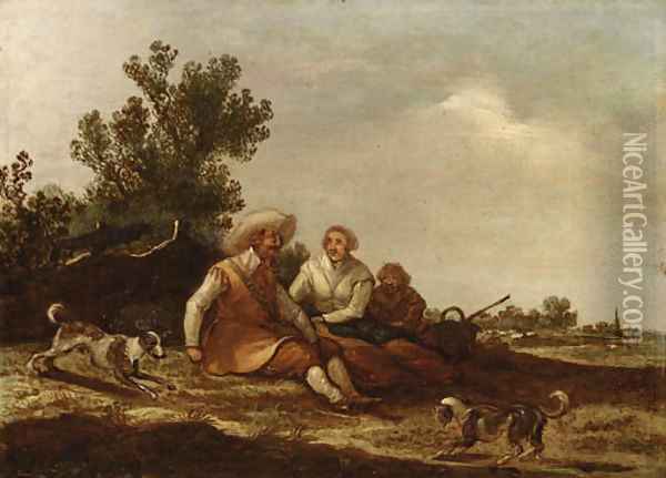 A dune landscape with travellers restingby a fence and dogs playing in the foreground, sheep in a meadow and a church spire beyond Oil Painting - Pieter de Neyn