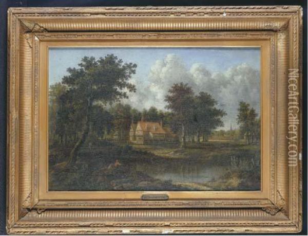 An Angler By A House In A Wooded River Landscape Oil Painting - Patrick, Peter Nasmyth