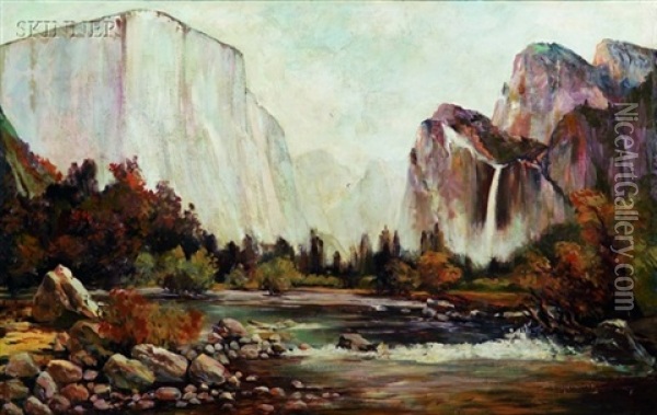 Yosemite Panorama (a View Of El Capitan?) Oil Painting - Thomas Hill