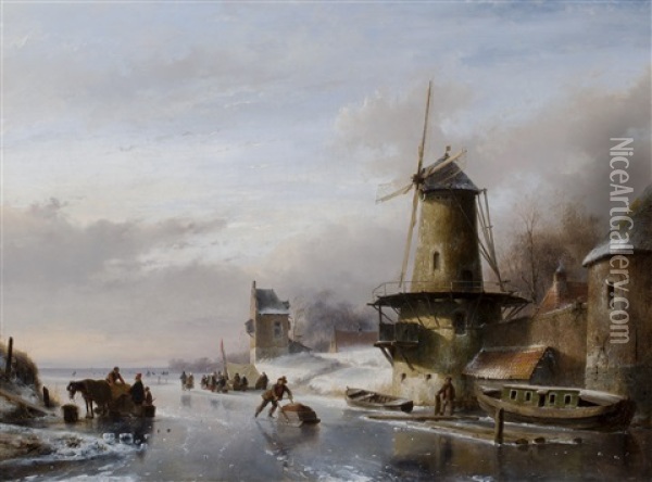 Skaters On A Frozen River, Near A Mill And A Donjon Oil Painting - Andreas Schelfhout