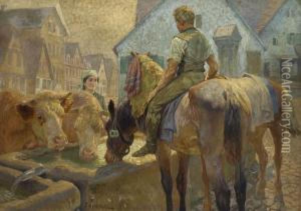 An Der Tranke. Oil Painting - Franz Gustav Hochmann
